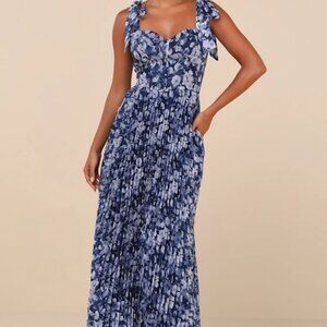 Lulus Illustrious Aura Navy Blue Floral Bustier Tie-Strap Maxi Dress
